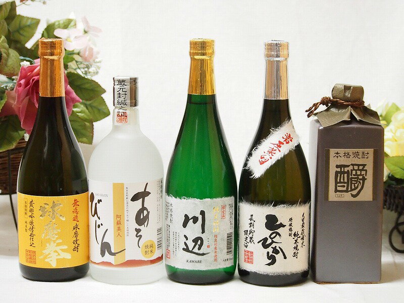 厳選熊本県米焼酎5本セット(あそびじん阿蘇美人 純米焼酎 しょうエクセレンス 樫樽貯蔵 米焼酎 35度 純米焼酎 川辺 常圧蒸留 ひのひかり 純米焼酎 無濾過球磨焼酎 球磨拳) 720ml×5本