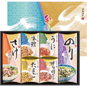 【内容】茶漬け（のり5.1g×6袋・さけ5g×6袋）、ふりかけ（本鰹・雲丹・博多明太子・たまご）各3.8g×各4袋★お中元やお歳暮、御年賀などギフトにおすすめです。 【送料に関して】＊この商品は、10個まで1個口分の送料。＊この商品以外の商品との組み合わせの場合は、場合により送料が複数口となります。●当店では、様々な形状や種類の商品を取り扱っており、お客様ごとに御注文の数量や組み合わせパターンが異なるため、すべての場合において自動で送料を計算するということができません。自動ショッピングカートならびに自動配信メールでは、常に送料1個分のみの表示となりますので、送料が複数口必要となる場合には、当店からの確認メールにて変更させていただきます。送料についてご不明な場合は、事前にお問い合わせください。