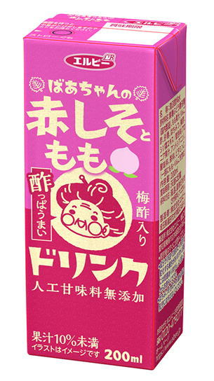 ［飲料］2ケースまで同梱可★エルビー　ばあちゃんの【赤しそともも】ドリンク　200mlパック　1ケース24本入り　（梅酢入り）（ビネガードリンク）（シソ・紫蘇・モモ・桃）（250）のサムネイル