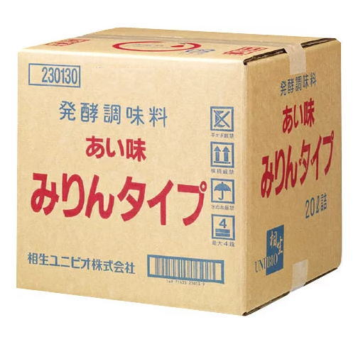 相生ユニビオ あい味　みりんタイプ 原料にもち米を使用しており、みりんと清酒の良さを活かした発酵調味料。 みりんタイプです。 エキス分が高く味、香りとも豊かな品質を兼ね備えた高級品です。 原材料 液状ブドウ糖・アルコール・米 もち米・米こうじ・食塩 規格 エキス分／52．6 比重／1．1847 アルコール分／13．0 pH／5．0 食塩／2．1 賞味期限 18ヶ月 商品ラベルは予告なく変更することがございます。ご了承下さい。