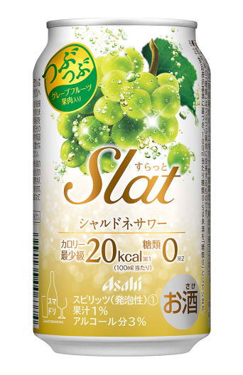 栄養成分（100mlあたり）&nbsp;&nbsp;&nbsp; エネルギー 20kcal 炭水化物 0．5g たんぱく質 0g 食塩相当量 0．04g 脂　質 0g &nbsp; &nbsp; 原材料 アルコール（国内製造）、白ワイン、ぶどう果汁、果粒（グレープフルーツ）、糖類／炭酸、酸味料、香料、甘味料（アセスルファムK、アスパルテーム・L−フェニルアラニン化合物、スクラロース） アルコール分 3％ ★注意★ 配送時に缶が凹んでしまう場合があります。 ご了承をお願い申し上げます。アサヒ　Slat シャルドネサワー つぶつぶグレープフルーツ入りの、さわやかなシャルドネサワーです。 商品ラベルは予告なく変更することがございます。ご了承下さい。