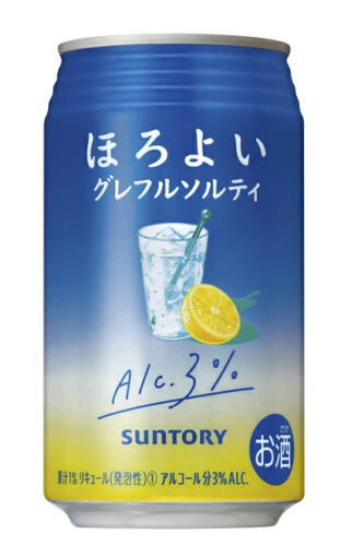 栄養成分（100mlあたり）&nbsp; エネルギー 44kcal 炭水化物 ?糖　類 6．6g 6．28g たんぱく質 0g 脂　質 0g 食塩相当量 0～0．04g 果汁 1％ アルコール分 3％ 原材料 グレープフルーツ、スピリッツ、海藻エキス、食塩、糖類（国内製造）／炭酸、酸味料、香料、クエン酸K&nbsp;&nbsp; ★注意★ 配送時に缶が凹んでしまう場合があります。 ご了承をお願い申し上げます。サントリー ほろよい　グレフルソルティ 350ml グレープフルーツと塩を絶妙なバランスで組み合わせることで、お風呂上りや食事中にもお楽しみいただける、すっきり爽やかな味わいを実現しました。 ※メーカーでのリニューアルに伴い、予告なくラベルを変更する場合がございます。あらかじめご了承ください。