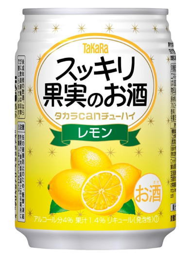 &nbsp;アルコール分 &nbsp;4％ &nbsp;果汁 &nbsp;1．4％ &nbsp;&nbsp;栄養成分等 （100mlあたり） &nbsp;エネルギー　57kcal &nbsp;たんぱく質　0g &nbsp;脂質　0g &nbsp;炭水化物　8.3g &nbsp;食塩相当量　0.06g &nbsp;原材料 レモン果汁、アルコール、糖類（国内製造）／炭酸、酸味料、香料&nbsp; ★注意★ 配送時に缶が凹んでしまう場合があります。 ご了承をお願い申し上げます。宝酒造 タカラcanチューハイ　スッキリ果実のお酒 レモン 爽やかなレモンの酸味をやさしい甘さで包んですっきり仕上げた、気軽に楽しめるチューハイです。 商品ラベルは予告なく変更することがございます。ご了承下さい。