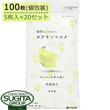 【送料無料】 伊藤園 カテキンマスク【5枚入り×20セット(100枚)/グリーン個包装】 不織布 国産 マスク 緑茶 日本製 大人用 使い捨て 3層構造 フィルター 防塵 花粉症 ウイルス ふつうサイズ