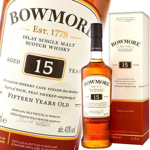 商品名ボウモア 15年 シェリーカスク フィニッシュ Bowmore 15 Year Old Sherry Cask Finish 容量700ml アルコール度数43度 タイプシングルモルトウイスキースコッチ・ウイスキー 生産地アイラ／スコットランド 蒸溜所ブランドボウモア蒸溜所Bowmore Distillery 熟成年数15年 カスクタイプシェリーカスク フィニッシュ 受賞歴 Gold Outstanding International Wine & Spirit Competition 2014 Scotch Single Malt - Islay Gold The Scotch Whisky Masters 2018 (The Spirits Business) Islay 13-18 years old Gold International Wine & Spirit Competition 2017 Scotch Single Malt - Islay Gold International Wine & Spirit Competition 2013 Scotch Single Malt - Islay