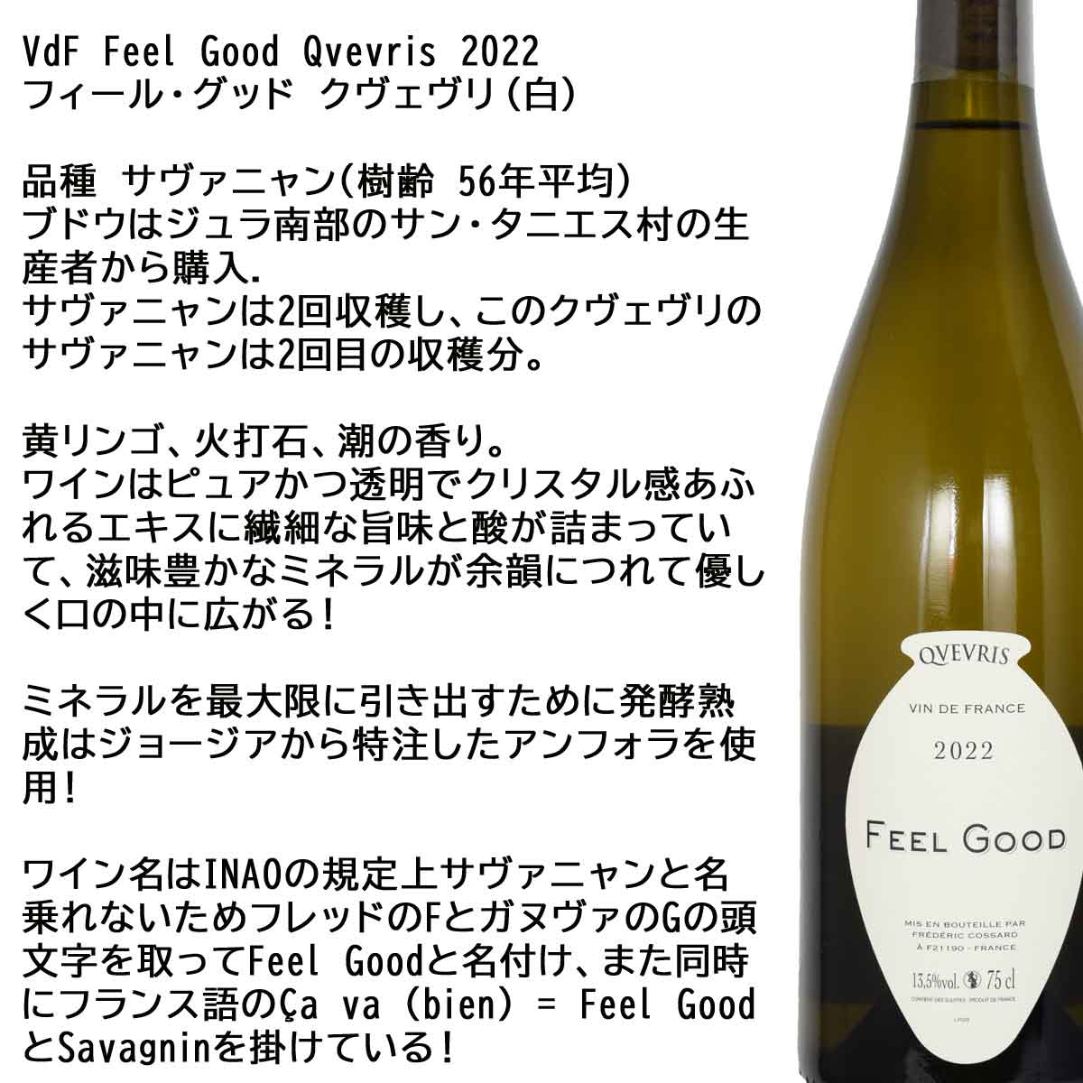 フレデリック・コサール フィール・グッド・クヴェヴリ（白）サヴァニャン 750ml ヴァン・ド・フランスVdF Feel Good Qvevris Frederic Cossard　送料無料ですが北海道・東北は別途送料必要（1000円） sakedondon-10016792 酒どんどん 楽天市場店 サンプル画像3