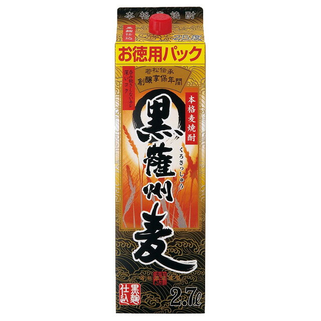 商品詳細 ■商品番号 062387 ■商品種別 麦焼酎 ■内容量 2700ml ■ 25度 ■ 麹 ■ ■メーカー 若松酒造 ■原材料 麦、麦こうじ コメント 二条大麦と清冽な水を用い、黒麹で仕込んだ本格麦焼酎です。飲み飽きしないキレとコクが特徴です。また、本格麦焼酎ならではのふくよかな香りがお楽しみ頂けます。