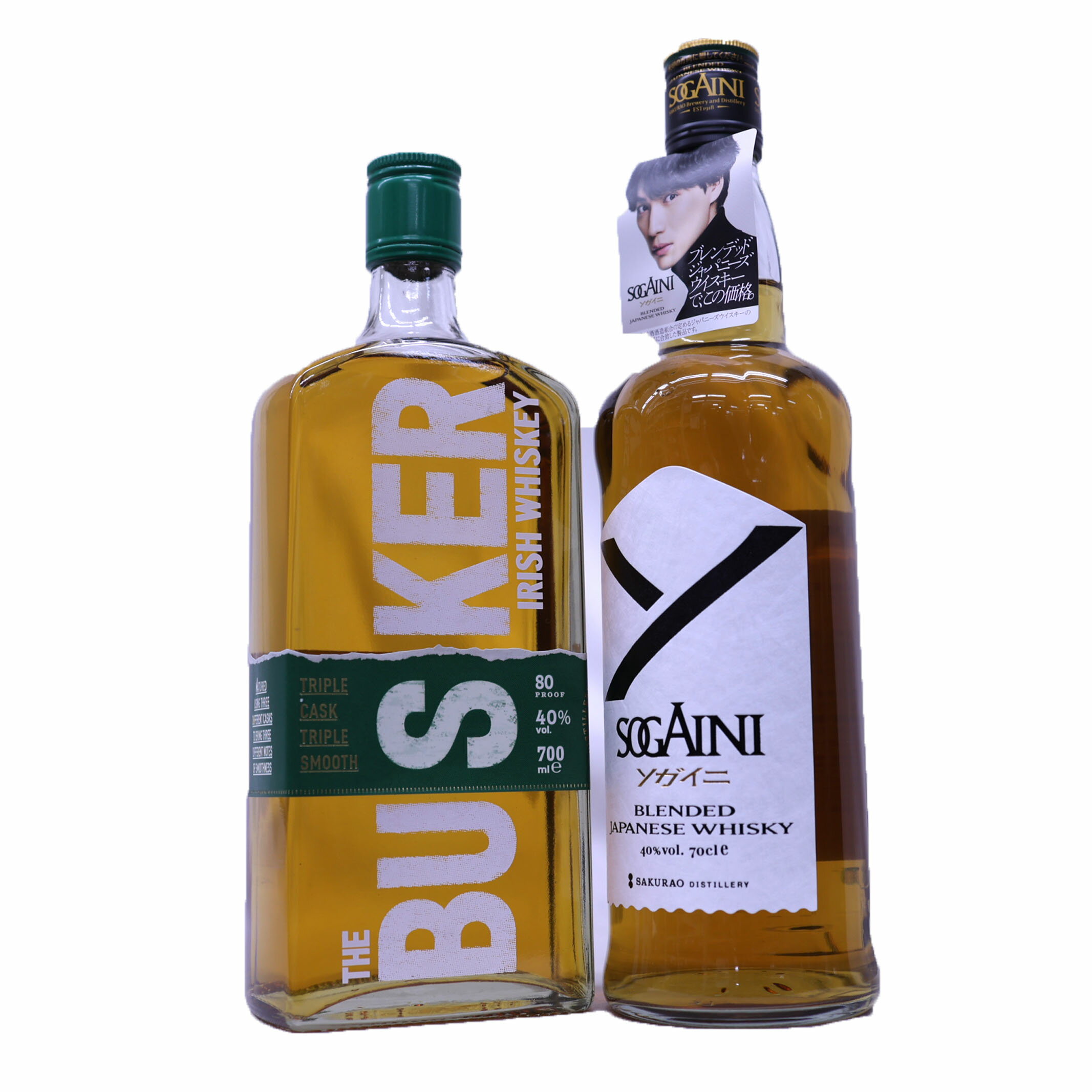 味比べ2種 ソガイニ ブレンデッドジャパニーズウイスキー40度700ml、バスカーアイリッシュウイスキー40度700ml