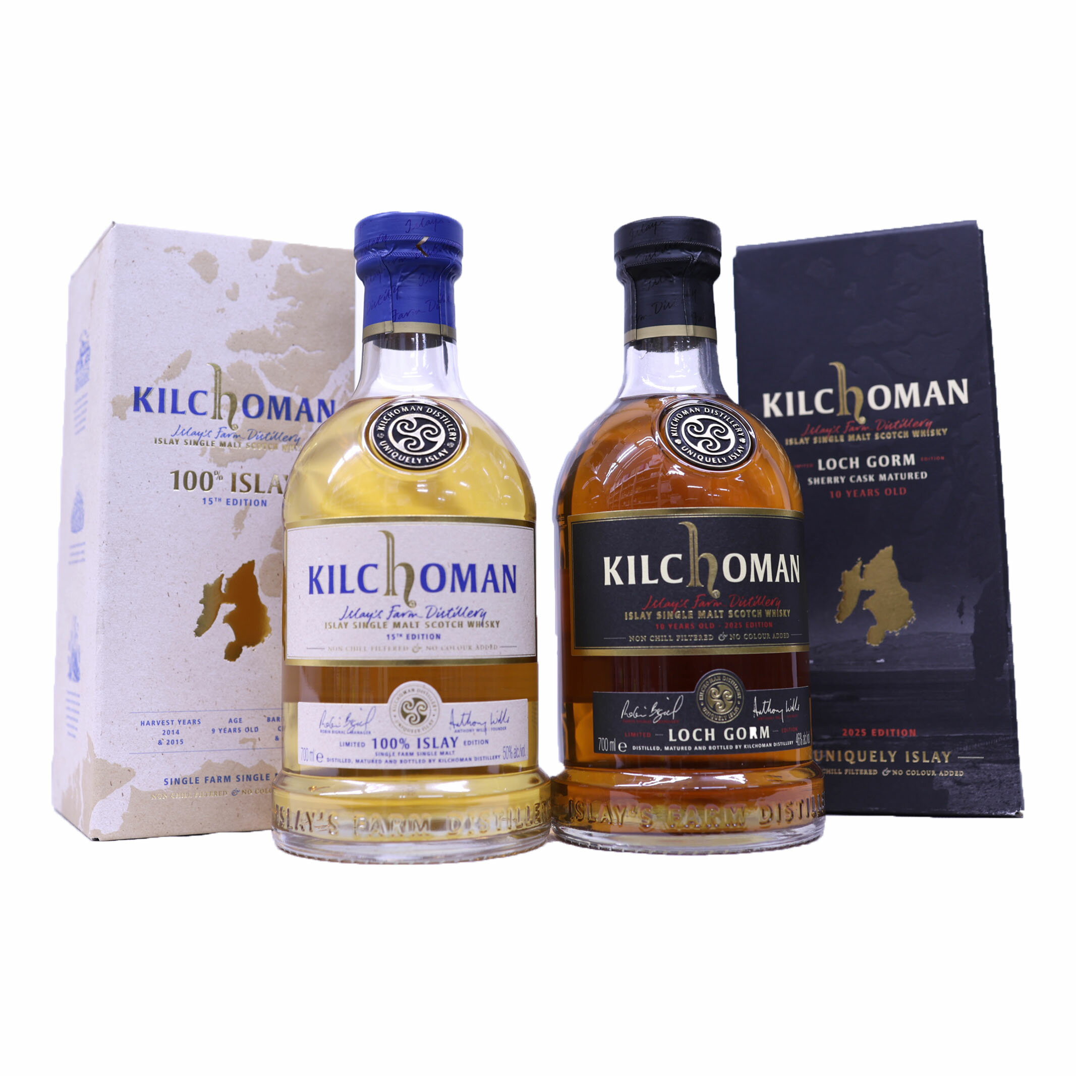 キルホーマン黄金2本セット　ロゴホルム10年2025エディション46度、100％アイラ15周年リリース50度700m..