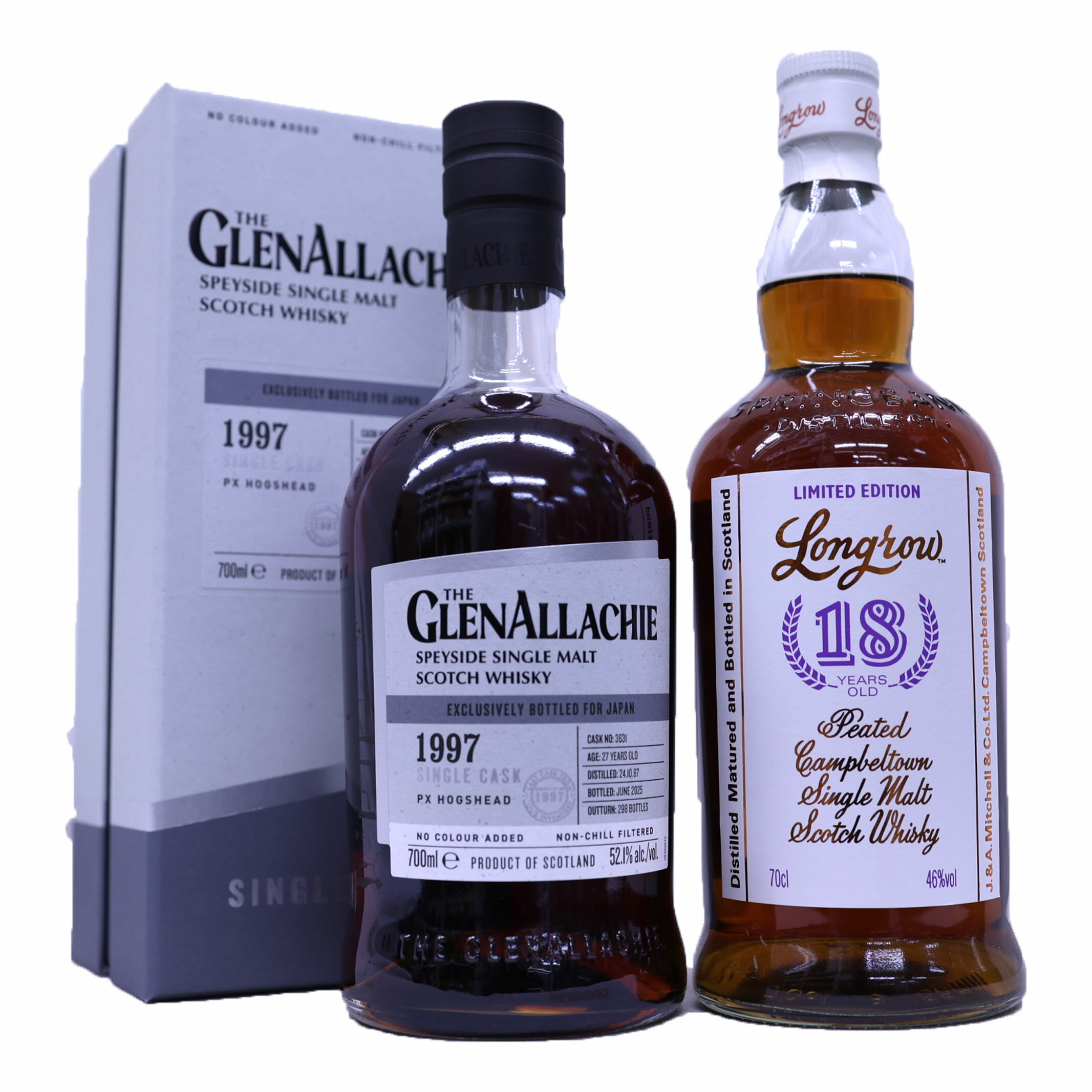 長熟ウイスキー飲み比べ2本 ロングロウ18年 46度、グレンアラヒ1997PXシェリーホグスヘッド27年52.1度700ml
