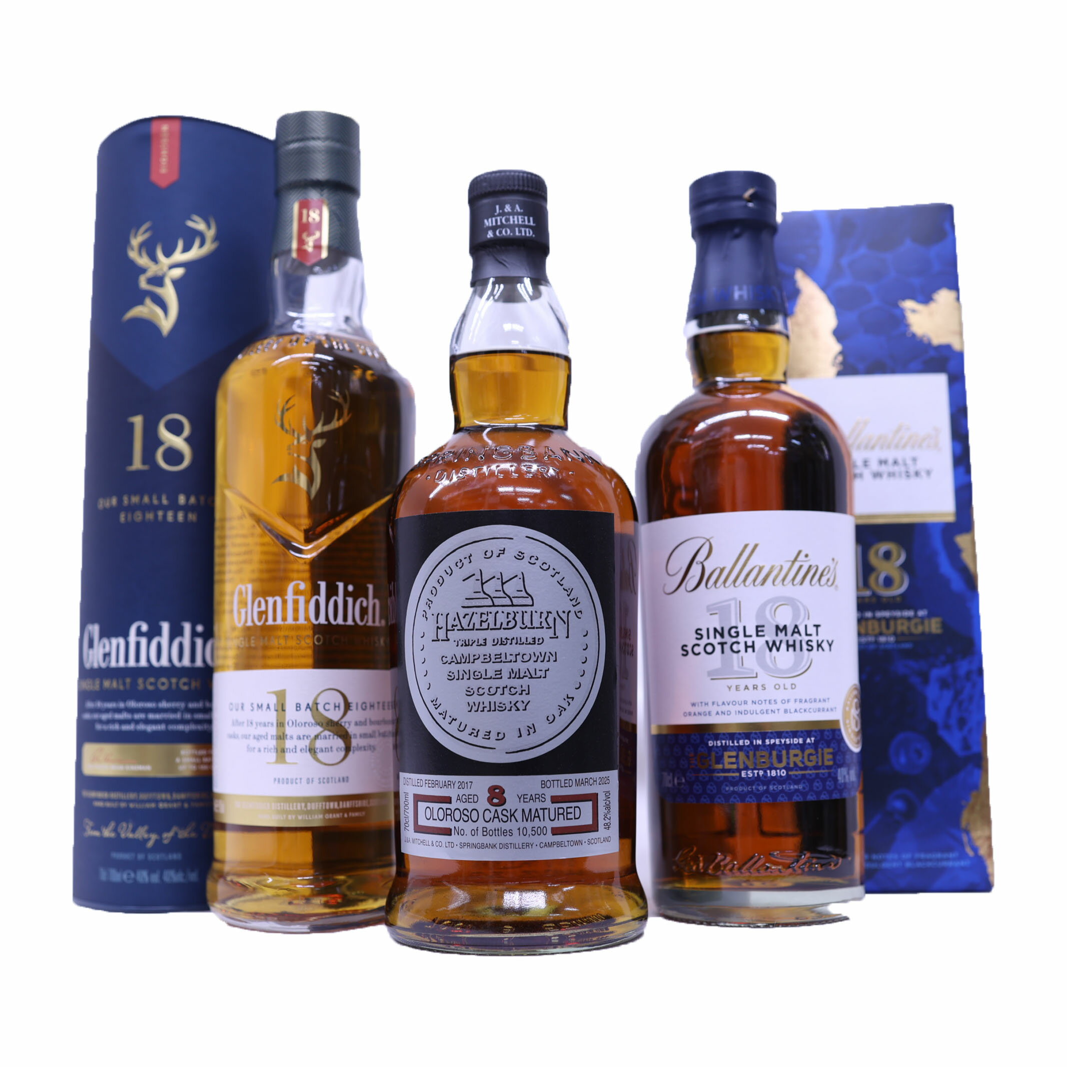 高級ウイスキー3本セット ヘーゼルバーン8年オロロソシェリーカスク48.2度、グレンフィディック18年40度、グレンバーギー18年40度700ml