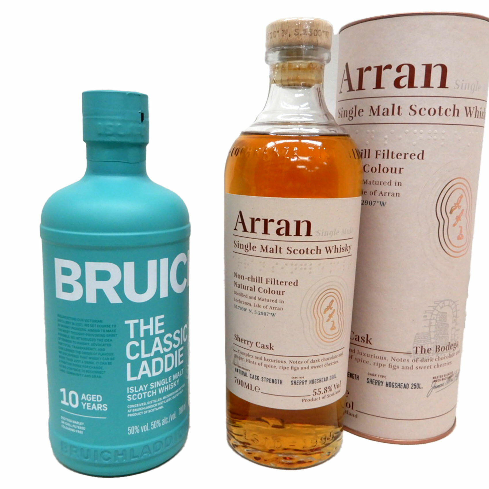 モルトウイスキー飲み比べ2本セット　アラン シェリーカスク 55.8度700ml、ブルッ...