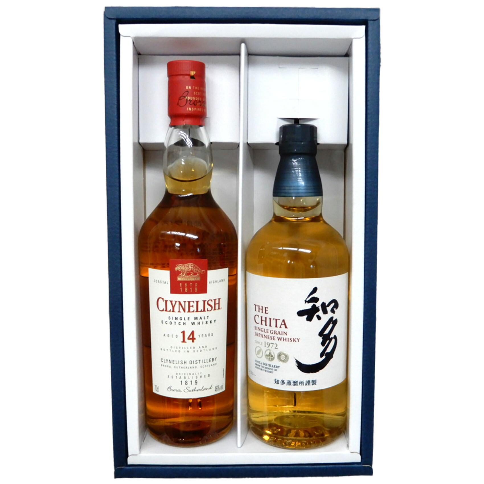 [セット内容] 【クライヌリッシュ14年 46度 700ml】 ウイスキーの味わい全てを備える稀有なシングルモルト。 クライヌリッシュ14年は、立地の影響により、わずかに海の気質を持ちながらも、はっきりとしたやわらかさ・複雑さというハイランドの特質も兼ね備えています。 食前、食後を問わない、完璧なオールラウンド・モルトウイスキーです。 少量の水を入れると、非常に芳醇な香りと味になります。 【知多 43度 700ml】 軽やかな味わいとほのかに甘い香りが特長の、グレーンウイスキーです。 なめらかで心地よい余韻は、素材の旨みを活かした日本食との相性が抜群。 ウイスキーのある生活を始めた人々に気軽でちょっといいウイスキーを愉しむ癒しのひとときを提供します。 ※この商品は無料でのしの記名やギフト包装、ギフトメッセージができます。 ご要望の方はご注文ページにてその旨をご入力ください。 ※天地無用をご希望の方はご注文ページにてその旨をご入力ください。 ギフト箱から縦詰めの箱に入れ替えて発送致します。