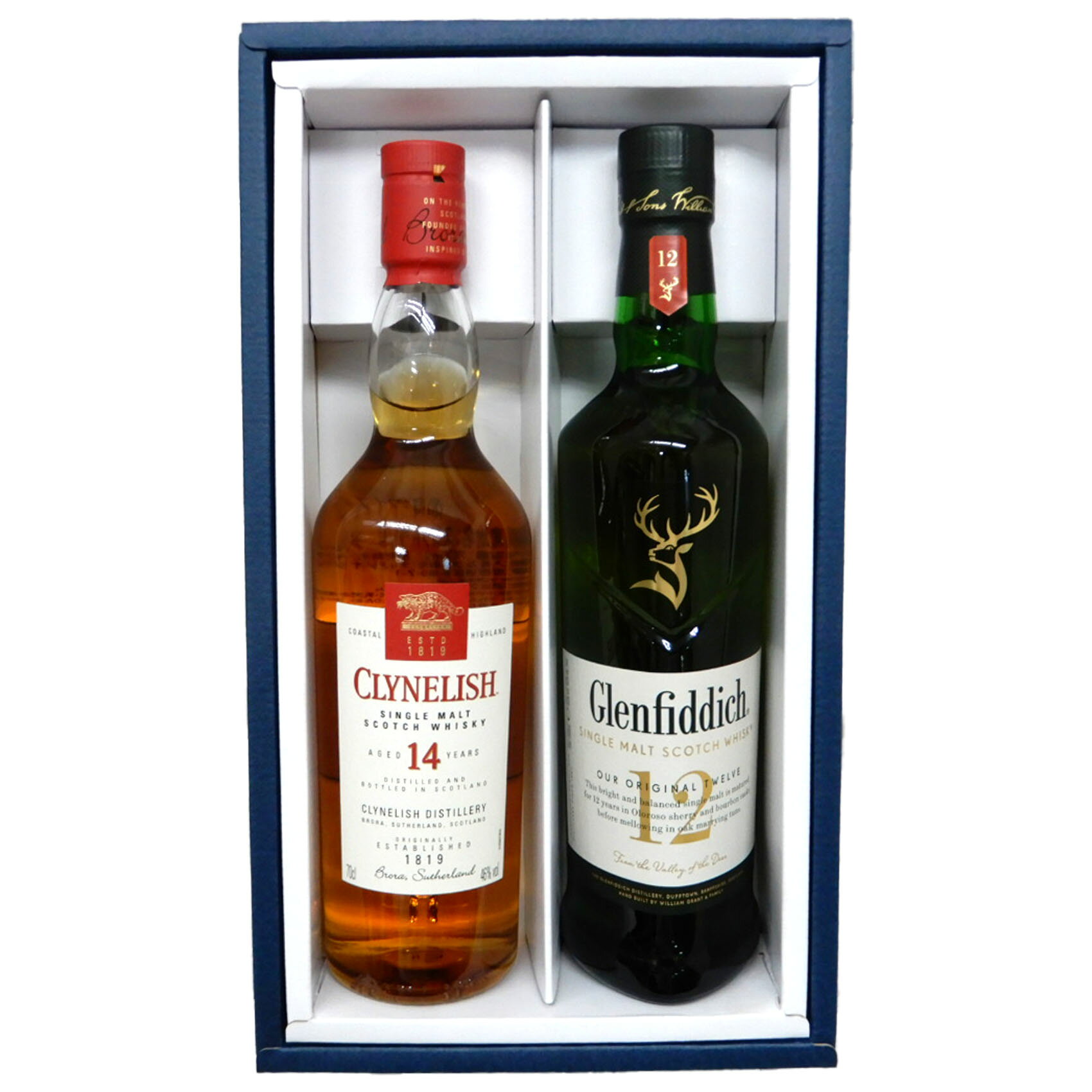 [セット内容] 【クライヌリッシュ14年 46度 700ml】 ウイスキーの味わい全てを備える稀有なシングルモルト。 クライヌリッシュ14年は、立地の影響により、わずかに海の気質を持ちながらも、はっきりとしたやわらかさ・複雑さというハイランドの特質も兼ね備えています。 食前、食後を問わない、完璧なオールラウンド・モルトウイスキーです。 少量の水を入れると、非常に芳醇な香りと味になります。 【グレンフィディック12年 40度 700ml】 伝統的な製造工程で12年以上熟成させたモルト原酒のみでつくられています。 ロビー・デューの泉の恵まれた水質、スペイサイドの大地で厳選された原材料の大麦、ハイランド地域の新鮮な空気と小型蒸溜釜でつくられた素晴らしい味わいのモルトです。 とても淡い金色。洋梨やレモンを思わせるみずみずしくフルーティーな熟成香。繊細で滑らかなコク。軽やかな後口。 ※この商品は無料でのしの記名やギフト包装、ギフトメッセージができます。 ご要望の方はご注文ページにてその旨をご入力ください。 贈り物などにぜひどうぞ！