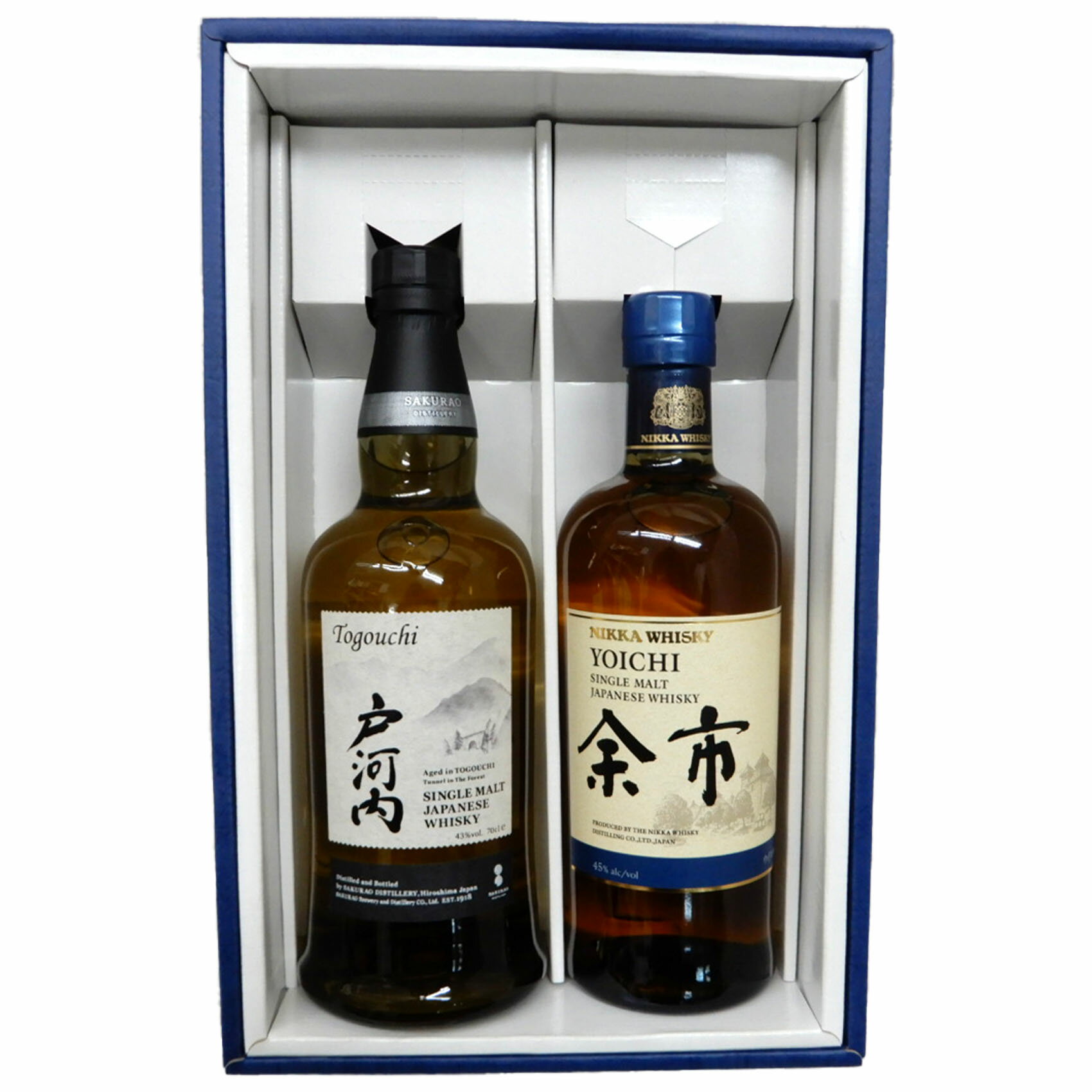 [セット内容] 【戸河内シングルモルト 43度700ml】 緑豊かな森と清流に囲まれた戸河内貯蔵庫で熟成。 一年中冷涼な風が通り抜ける貯蔵庫で、ゆっくりと香りや味わいが磨かれます。 【余市 45度700ml】 余市蒸溜所でなければつくれないモルトウイスキーを改めて探究し、新しく組み立てられたシングルモルト余市。 核となったのは、ストレートヘッド型ポットスチルと石炭直火蒸溜ならではの重厚さと香ばしさです。 ヘビーピートタイプの原酒が力強く主張し、新樽モルトとシェリー樽モルトによってしっかりとしたボディ感とウッディな樽の風味が加えられています。 ピートの香りとソルティさを感じる、個性的なシングルモルトです。 ※この商品は無料でのしの記名やギフト包装、ギフトメッセージができます。 ご要望の方はご注文ページにてその旨をご入力ください。
