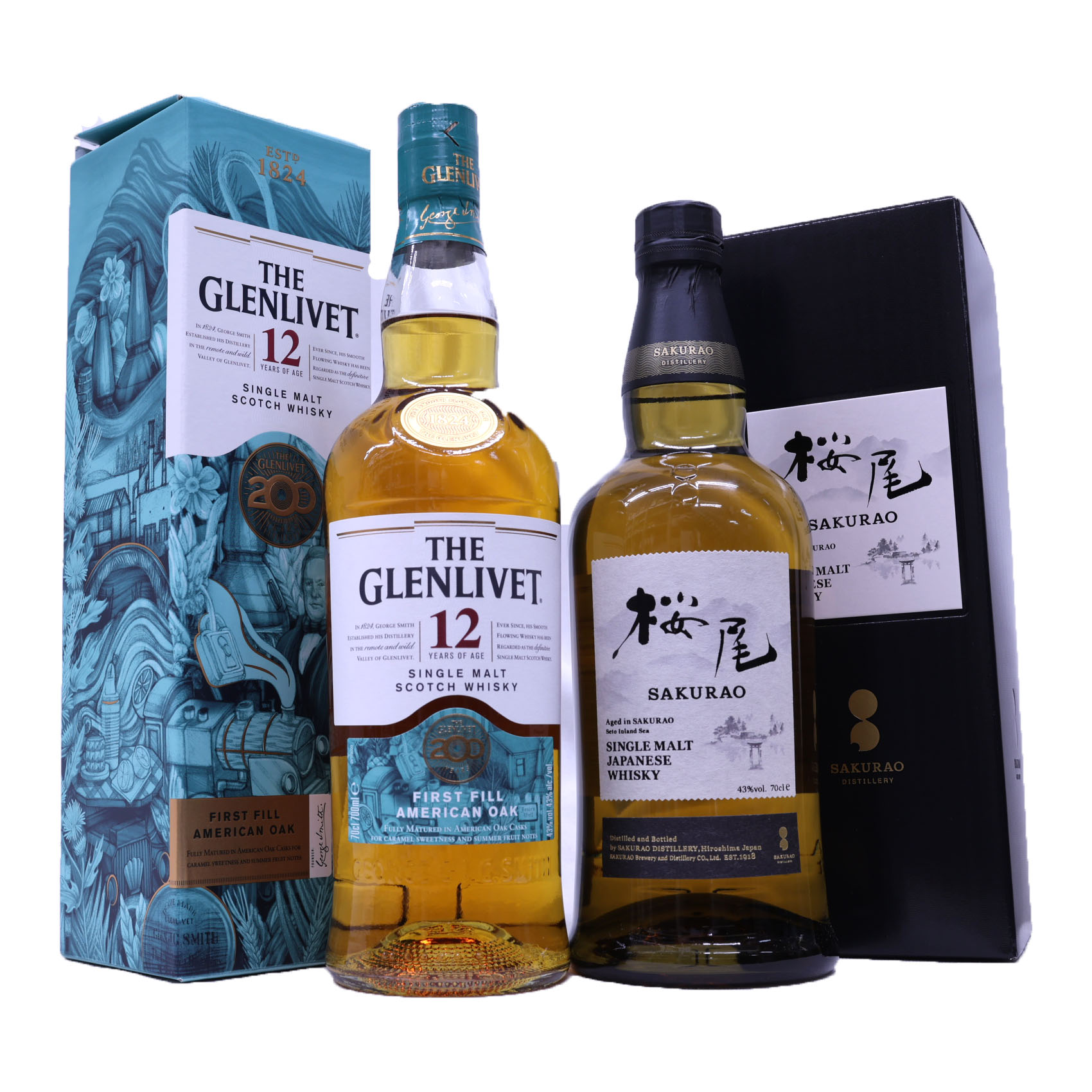 こだわりのウイスキー2本セット グレンリベット12年200周年限限定ボトル43度、桜尾シングルモルト43度700ml