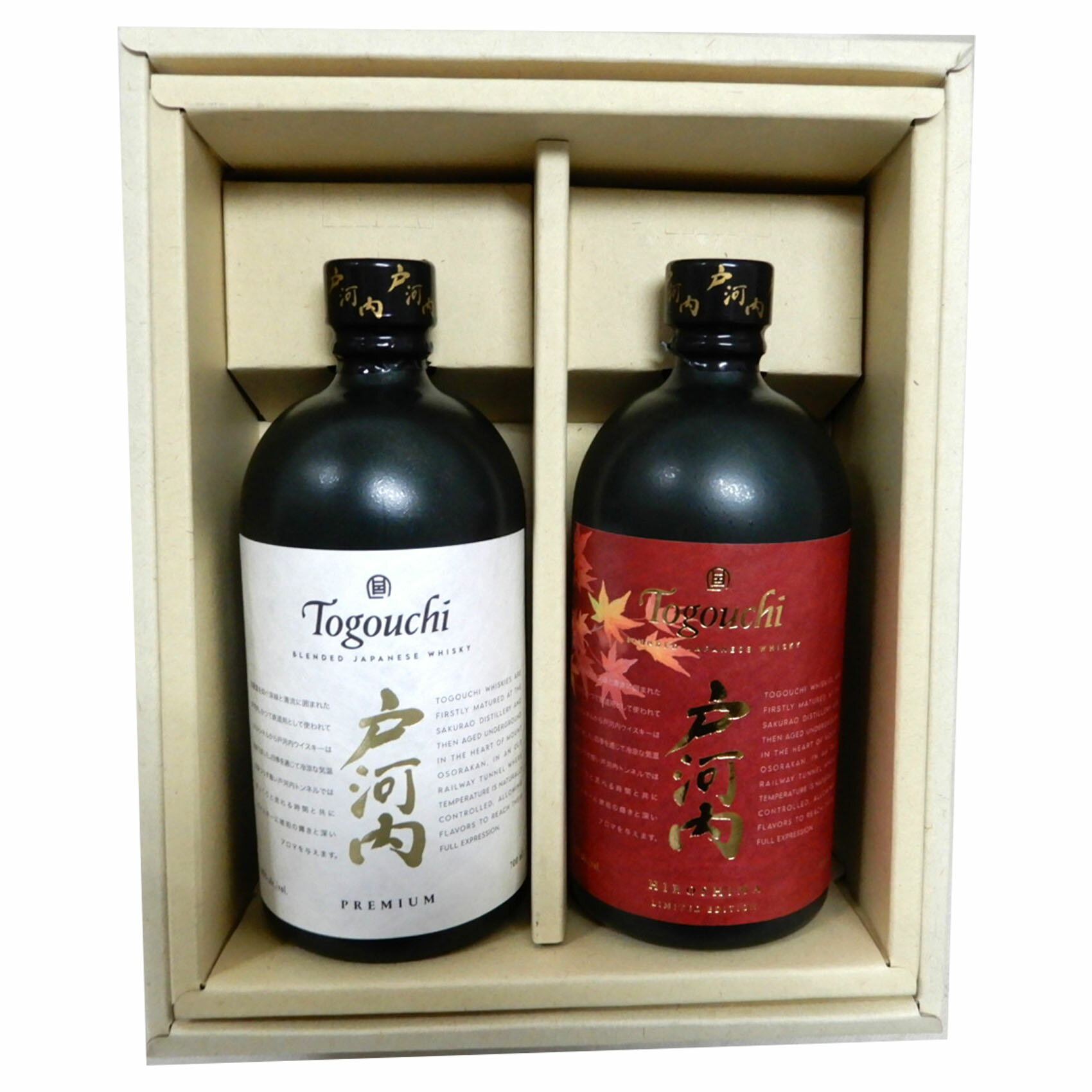 [セット内容] 【戸河内　プレミアム40度700ml】 広島の豊かな自然を映し出す ブレンデッドジャパニーズウイスキー戸河内 PREMIUM。 ゆっくりと立ち上がる香りが、次第にフルーティーなアロマへとひらき、ウッディーな味わいの余韻が続きます。 【戸河内　広島赤ワイン樽フィニッシュ40度700ml】 広島といえば、宮島の鳥居や紅葉、カープなど真っ赤に染まった情景を思い浮かべます。 そんな広島を象徴する赤色にインスパイアされ、広島のワイナリーで使用された赤ワイン樽で後熟させました。 赤ワイン由来のストロベリーのニュアンス、微かなピート香、キャンディーやはちみつの柔らかな甘みが特徴です。 軽やかな口当たりで、甘みと酸味の余韻をお楽しみいただけます。[セット内容] 【戸河内　プレミアム40度700ml】 広島の豊かな自然を映し出す ブレンデッドジャパニーズウイスキー戸河内 PREMIUM。 ゆっくりと立ち上がる香りが、次第にフルーティーなアロマへとひらき、ウッディーな味わいの余韻が続きます。 【戸河内　広島赤ワイン樽フィニッシュ40度700ml】 広島といえば、宮島の鳥居や紅葉、カープなど真っ赤に染まった情景を思い浮かべます。 そんな広島を象徴する赤色にインスパイアされ、広島のワイナリーで使用された赤ワイン樽で後熟させました。 赤ワイン由来のストロベリーのニュアンス、微かなピート香、キャンディーやはちみつの柔らかな甘みが特徴です。 軽やかな口当たりで、甘みと酸味の余韻をお楽しみいただけます。