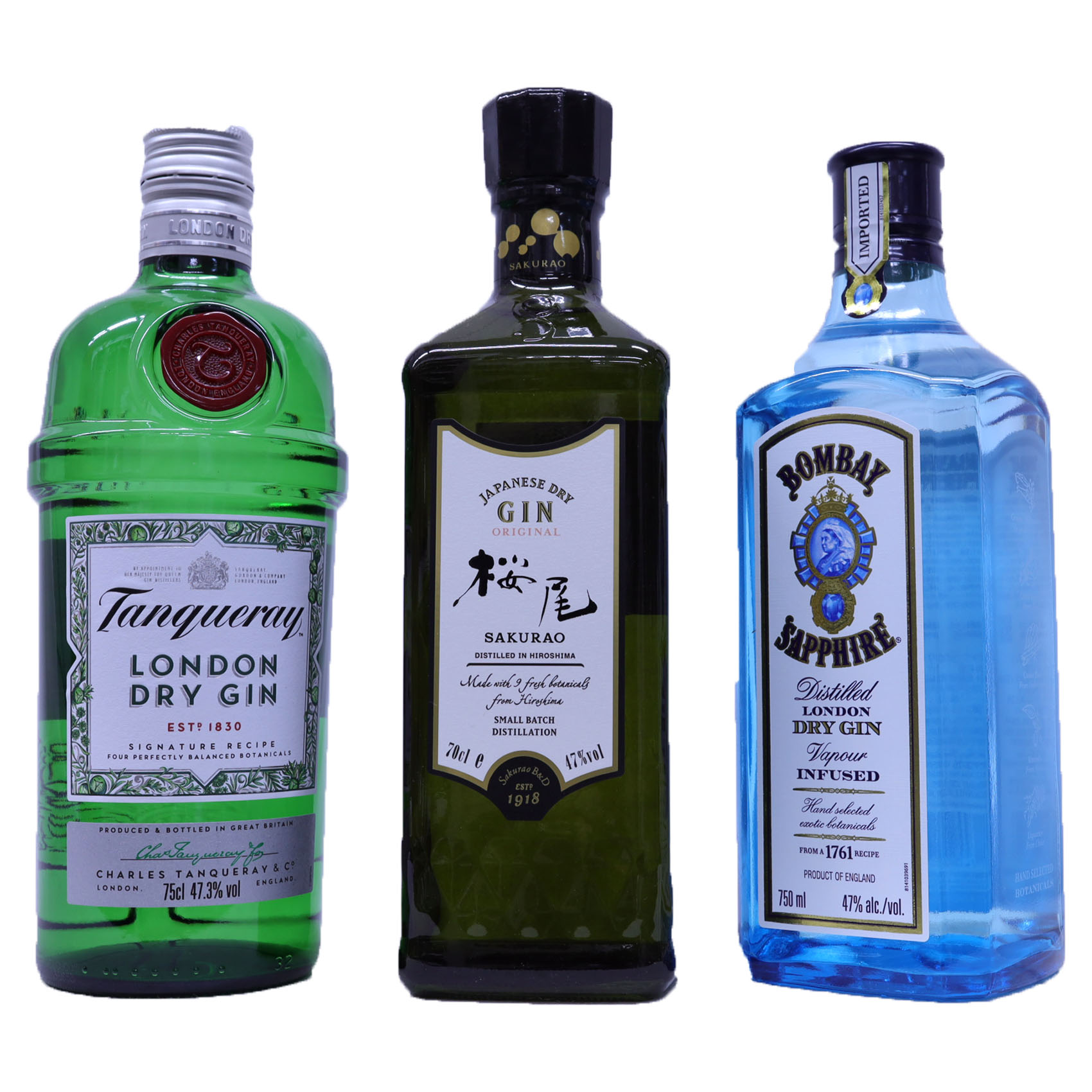 良質でお手頃価格のジン3本セット 桜尾オリジナル700ml、ボンベイ サファイア750ml、タンカレー750ml