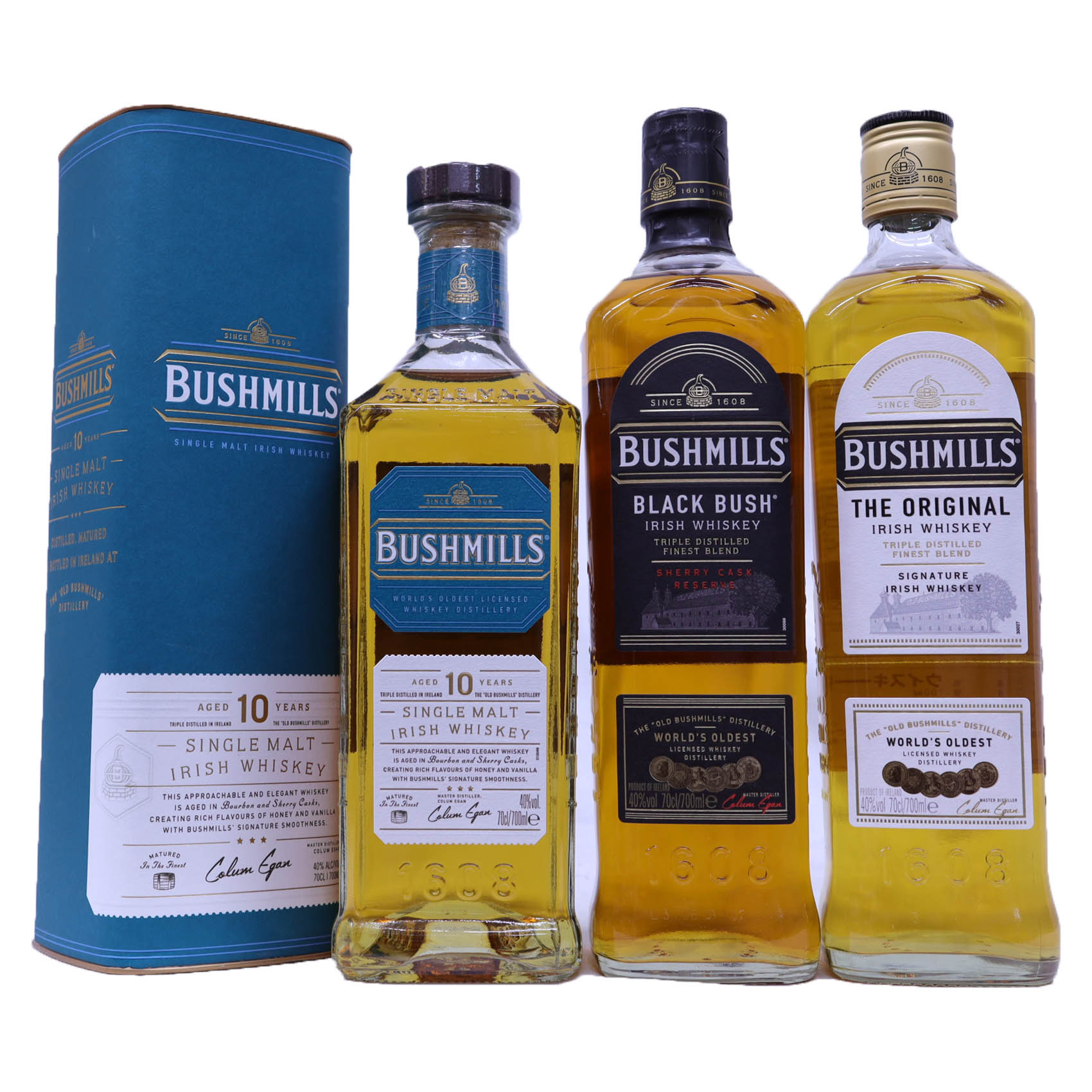 ブッシュミルズ3種3本セット　オリジナル40度、ブラックブッシュ40度、シングルモルト10年40度700ml　アイリッシュウイスキー