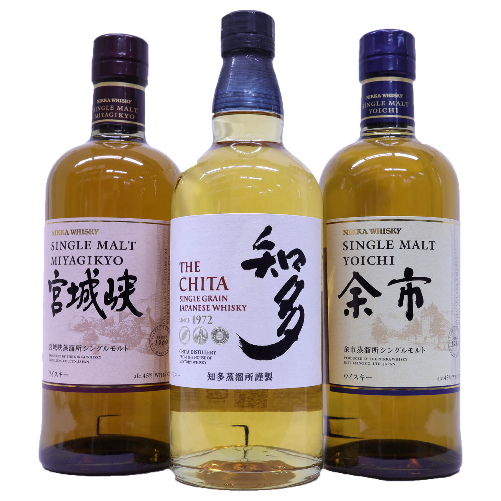 国産ウイスキー飲み比べ3本 知多(ちた)グレーン43度700ml & シングルモルト宮城峡45度700ml、シングルモルト余市45度700ml