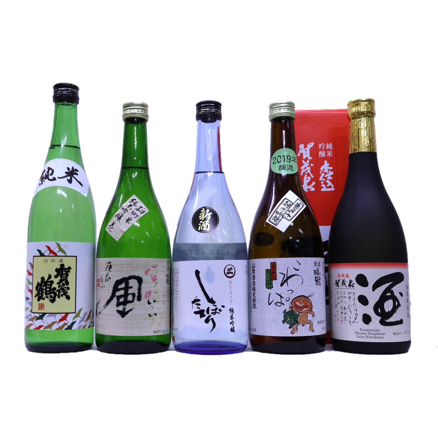 フルーティな広島の酒　純米5本　ワイングラス1脚（無料）付き　賀茂鶴、本州一しぼりたて、いい風花、こわっぱ、賀茂泉720ml