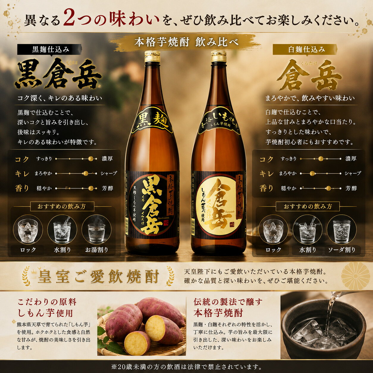 【一部地域送料無料】 焼酎 飲み比べ 2本セット 倉岳 ＆ 黒倉岳 各 25度 1800ml 熊本県 房の露 しもん芋 芋焼酎 皇室御愛飲 詰め合わせ 一升瓶 ギフト 贈り物 プレゼント 贈答用 御祝 お年賀 誕生日 晩酌 家飲み 地酒 国産 まとめ買い sakeishikawa-10000588 ワイン&ビール通販 酒のいしかわ サンプル画像2
