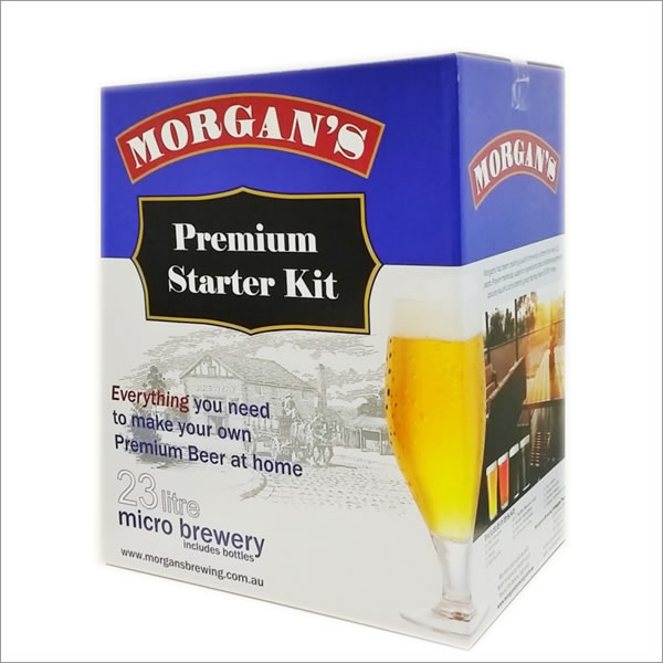 【注意】キット缶や外箱が写真とは異なります （MORGAN'S PREMIUM STARTER KIT） マイクロブルワリーフルキット 　　　★フルキット内容★ ■キット缶：原料　プレミアム　ブルーマウンテンラガー　【イースト付属】 ■発酵容器30リットル　ビールを作る容器です ■スプーン　プラスティック48.5センチの大型スプーンで原料をかき混ぜるのに使います　 ■エアーロック　発酵容器のフタに取り付け二酸化炭素を放出します ■フィーラー＆レジューサ付き　ビールの瓶詰めに使います 持ち上げると液がでます ■比重計　初期発酵の終了の判断に使います　簡単に判断できます ■シール温度計　発酵容器に貼ると黒い部分に温度が表示されます ■Sanitize（除菌剤）容器などの除菌に使います　すすぎ不要　無味無臭です ■ビール用茶色ペットボトル　740ml×30本　紫外線をカット　軽くて丈夫　醸造にピッタリです　＋キャップ30コ付き ■モルトデキストリン 1000g　砂糖の代わりに使用するとビールにボディーを与えます ■カーボネーションドロップ　瓶内醗酵時に入れる砂糖です&nbsp; &nbsp; &nbsp; &nbsp; &nbsp; &nbsp; &nbsp; 作り方はとっても簡単3ステップ　 キット缶＋水　→　イースト振りかけ醗酵　→　ドロップを入れ瓶詰め　→　醗酵完了 &nbsp; &nbsp; &nbsp; &nbsp; &nbsp; &nbsp;