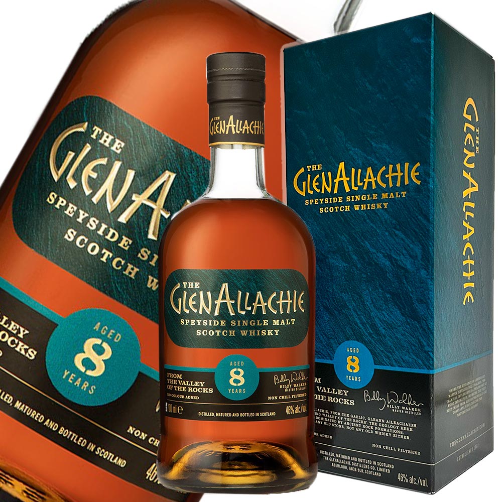 ◆GlenAllachie 8yo 　グレンアラヒー8年 　容量：700ml 　度数：46度 　箱あり・正規輸入品 グレンアラヒー8年はマスターディスティラーのビリー・ウォーカー氏がこれまでに培ってきた樽材に関するノウハウを生かし、ペドロ・ヒメネスパンチョンとオロロソシェリーパンチョンの原酒をメインに使用し、少量のバージンオーク樽原酒と赤ワインバリックの原酒を加えてつくられています。 ヘザーハニーやバタースコッチの香りに、甘いスパイスとジンジャーがバランスよく広がり、グレンアラヒーの個性が表現された仕上がりになっています。 テイスティングコメント 色：サンセットブロンズ 香り：へサーハニー、バタースコッチ、シナモン、ジンジャー、ローストアーモンド、モカ 味：糖蜜クリーム、レーズン、バタースコッチ、シナモン、ペパーミント、コムハニー 商品名 グレンアラヒー8年 熟成年数 8年 アルコール度数 46 % 容量(ml) 700 原産国 スコットランド 地域 スペイサイド 主な原料 モルト ※画像はイメージです。入荷時期により、実際のラベルやボトルのデザイン・ヴィンテージ等が写真と異なる場合がございます。 ※ギフトラッピング可能商品です。ご入用の方は、当店のギフトラッピング商品を合わせてご購入下さい。