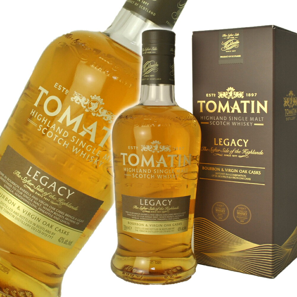 ◆Tomatin　legacy 　トマーティン　レガシー 　容量：700ml 　度数：43度 　箱あり・並行輸入品 ※画像はイメージです。入荷時期により、実際のラベルやボトルのデザイン・ヴィンテージ等が写真と異なる場合がございます。 ※ギフトラッピング可能商品です。ご入用の方は、当店のギフトラッピング商品を合わせてご購入下さい。トマーティン　レガシー バーボン樽熟成の原酒と新しい試みとして貯蔵されたアメリカン・ヴァージン・オーク樽で熟成した原酒をヴァッティングしたノン・ヴィンテージ・シングル・モルト。オーク樽由来の甘く力強い香りと軽やかでデリケートな味わいが特長