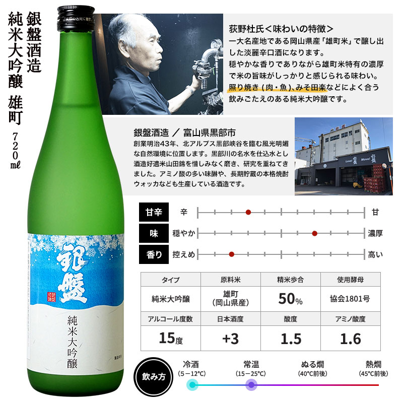 銀盤　純米大吟醸　雄町720ml【3〜4営業日以内に出荷】日本酒 酒 ギフト 贈り物 贈答 父の日 イエノミ［月間優良ショップ受賞］