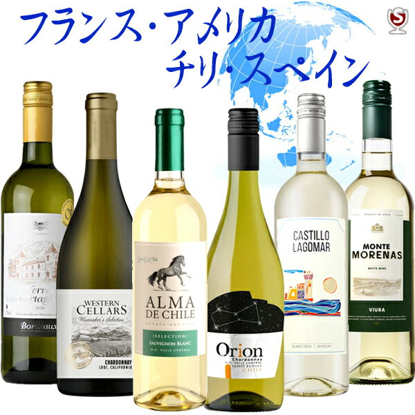 フランス・アメリカ・チリ・スペイン 世界国別飲み比べ お手軽 白6本セット【通常便 送料無料】【B6-015】