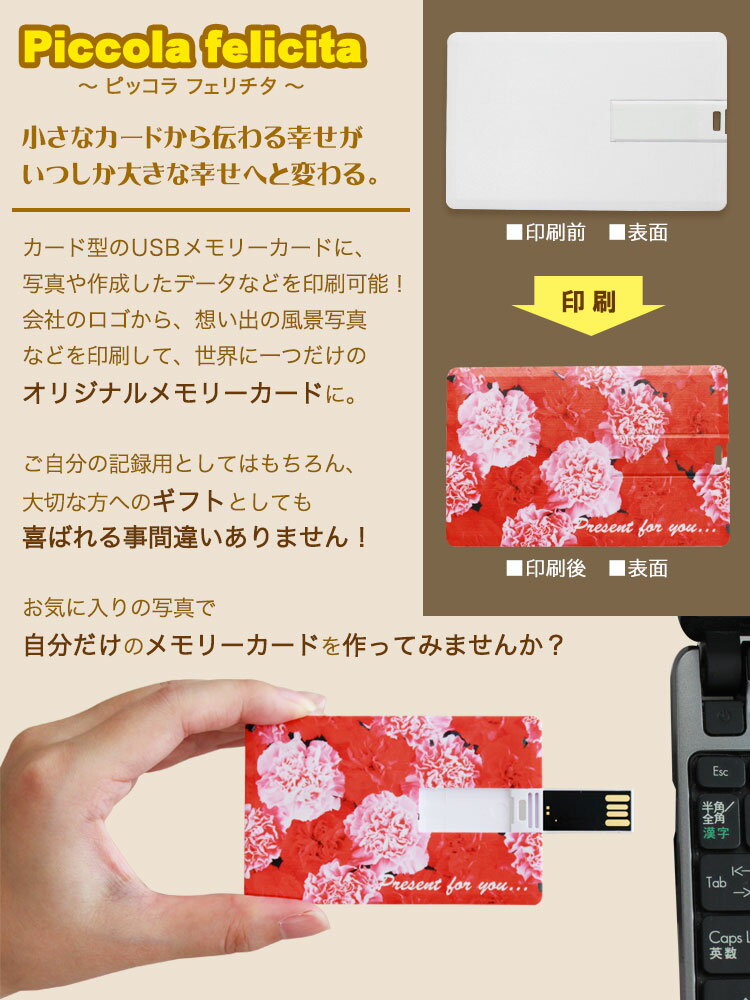 写真入りUSBメモリーカード〜piccola felicita〜　写真 印刷 プリント USB 規格 USB2.0 容量 は 8GB 16GB から選択可/ カード型 手のひらサイズ プレゼント【贈り物】【ギフト】【オリジナル】【USBカード】【メモリーカード】【子供】【ペット】【アルバム】【名刺サイズ】