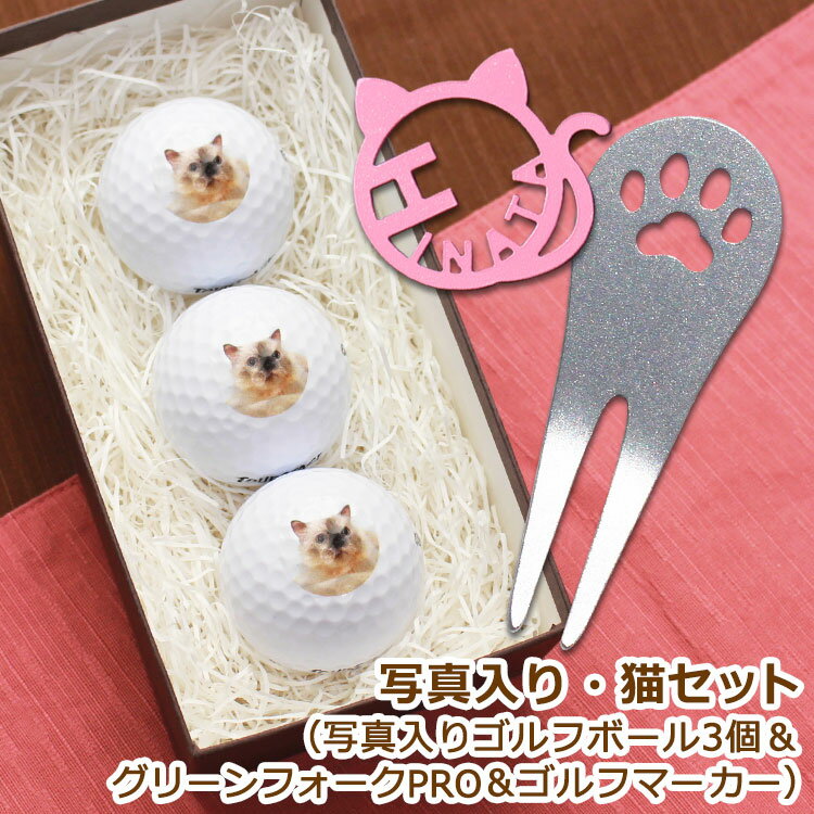 ＜猫セット＞ゴルフボール【写真入り3個】＆ステンレス【グリーンフォーク「PRO・肉球デザイン」1個】..