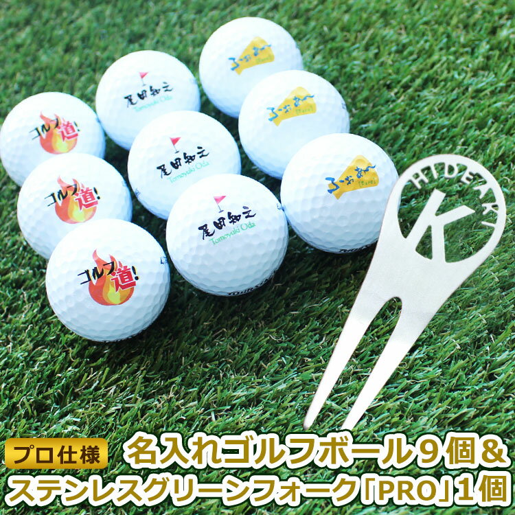 <プロ仕様>ゴルフボール【名入れ9個】& ステンレス切り文字【グリーンフォーク「PRO」1個】 名入れ ゴルフフォーク 贈り物 ギフト プレゼント ホールインワ...