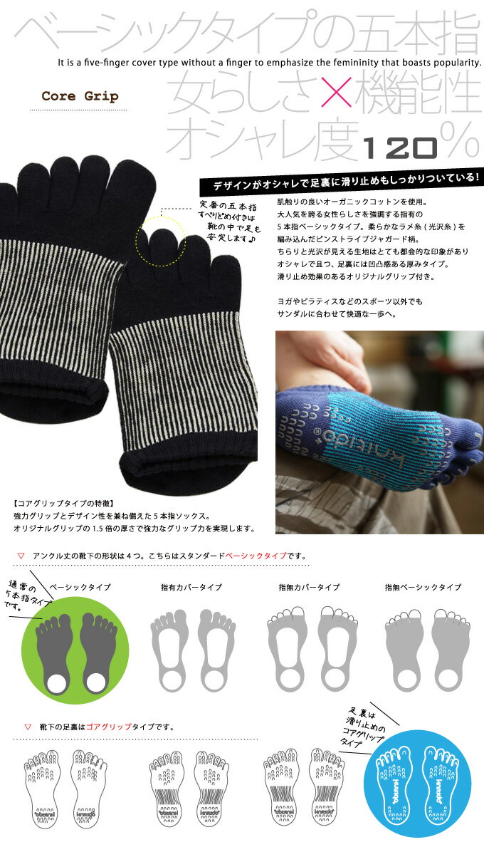 5本指ソックス 光沢ピンストライプ／ベーシック コアグリップ [knitido+] 滑り止め付【5本指靴下　ニッティド　ヨガ　ピラティス】