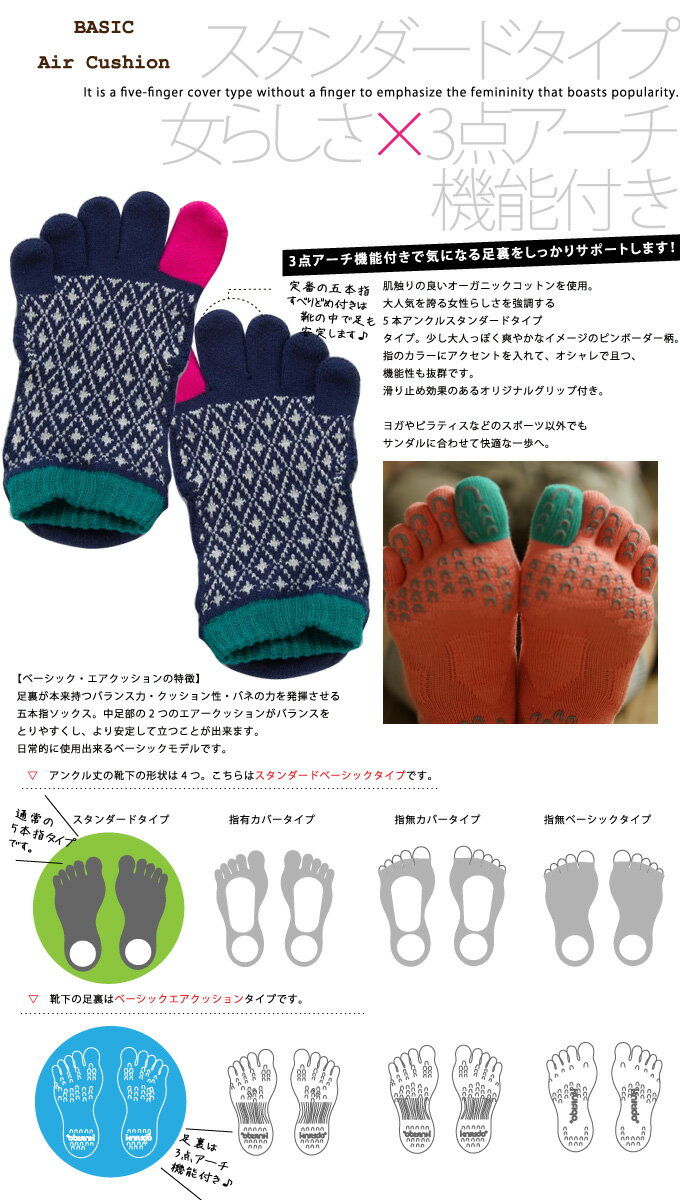 5本指ソックス バイヤス／アンクル・スタンダード ベーシックエアクッション(3点アーチ機能付き) [knitido+] 滑り止め付【5本指靴下　ニッティド　ヨガ　ピラティス】格安セール情報　楽天　通販