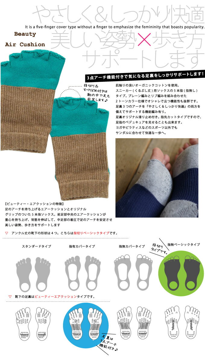 5本指ソックス バイカラーリブ／カバー指無し ビューっティーエアクッション(3点アーチ機能付き) [knitido+] 滑り止め付【5本指靴下　ニッティド　ヨガ　ピラティス】格安セール情報　楽天　通販