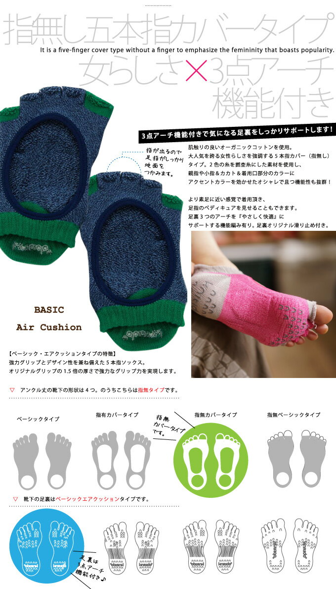5本指ソックス 撚糸バイカラー／カバー指無し ベーシックエアクッション(3点アーチ機能付き) [knitido+] 滑り止め付【5本指靴下　ニッティド　ヨガ　ピラティス】格安セール情報　楽天　通販