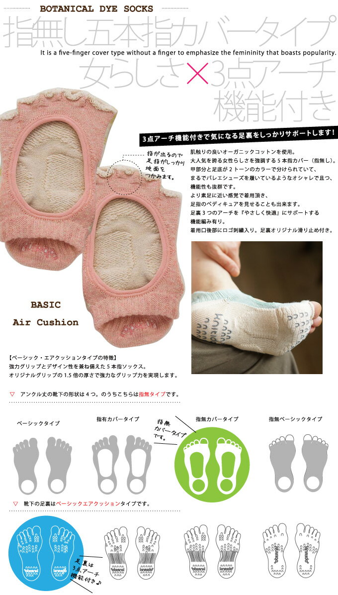 5本指ソックス BDツートンカラー／カバー指無 BASICエアクッション [knitido+] (3点アーチ機能付き)滑り止め付【5本指靴下　ニッティド　ヨガ　ピラティス】格安セール情報　楽天　通販