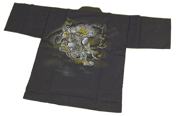 【日本製】伝統ある 高級 甚平　風神 ・ 雷神 柄甚平　JIMBEI【紺色地・茶色の 刺子 】着心地さわやか【M・Lサイズ】夏は気軽に着れる「甚平」「 父の日 」などの プレゼント にも最適♪