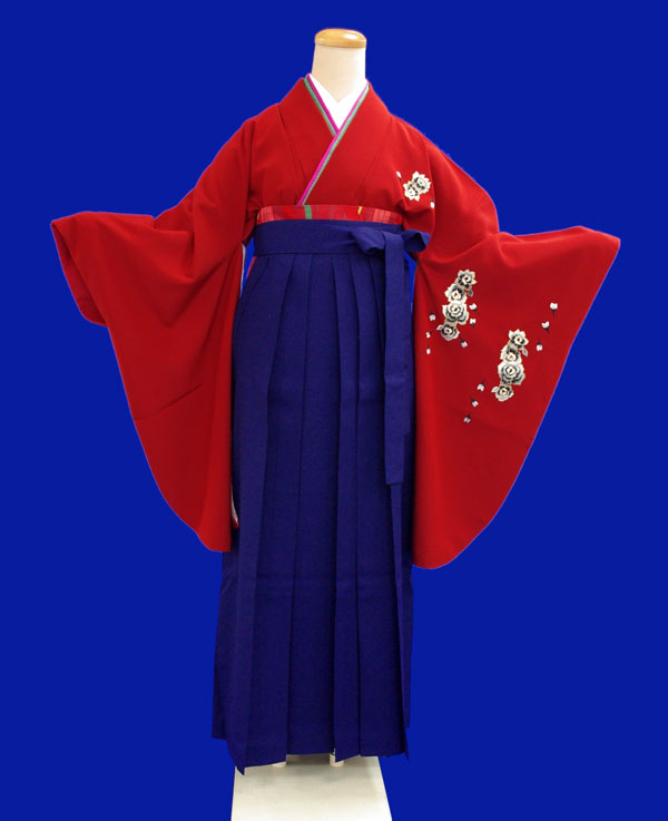 【レンタル】【往復送料無料】 レンタル きもの赤色・バラ刺繍入り 無地 2尺袖【1週間レンタル(6泊7日)】《レンタル用着物》