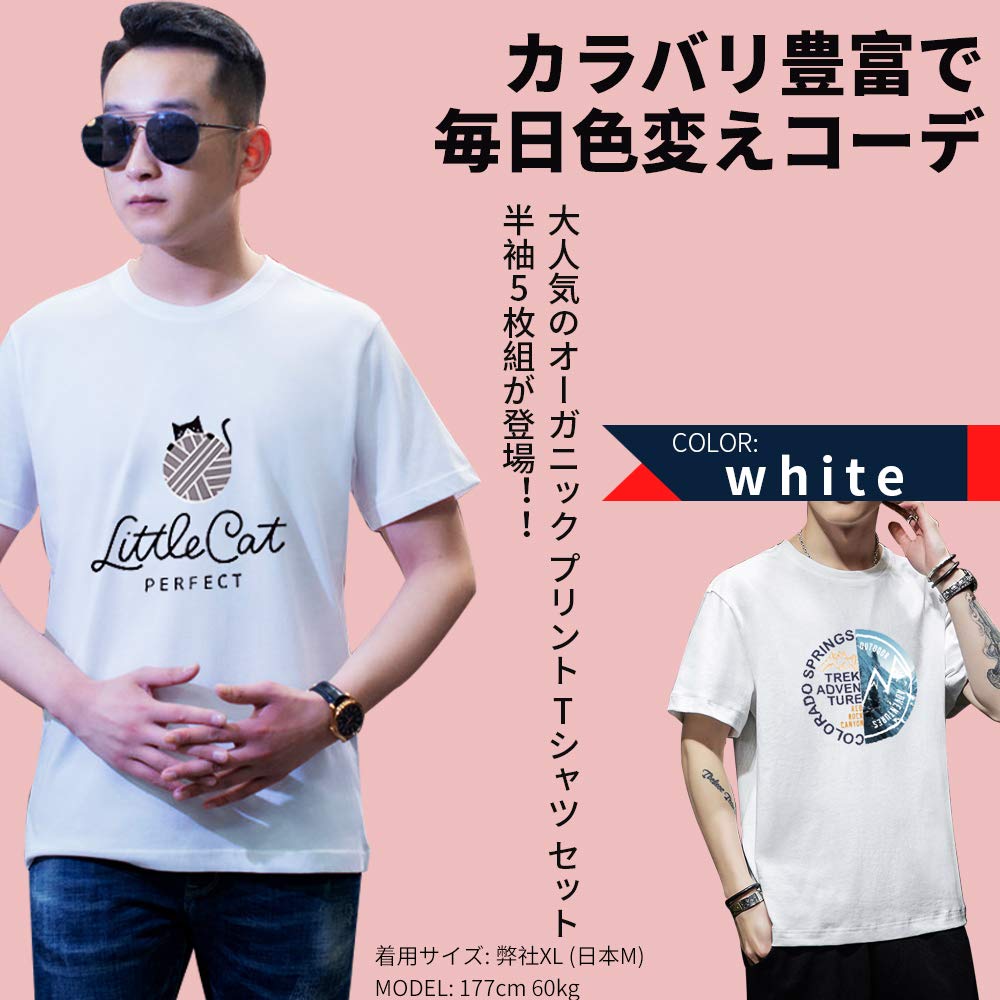 [SIPERLARI] Tシャツ 半袖 服 メンズ 夏 5点セット 綿100% インナーシャツ 5枚組 カジュアル カットソー ファッション 丸襟 柔らかい 快適 … (【B】-プリント5枚組, L(日本サイズS相当))