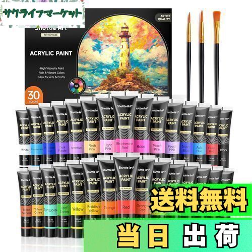 【送料無料】Shuttle Art アクリル絵の具 アクリル顔料 30色セット ペイントブラシ3本付き 速乾 耐久 チューブ 36ml 手作り 布/石/ガラス/...