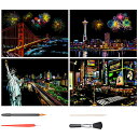 LIANHATA スクラッチアート 4枚入 スクラッチ極細ペン付き 21*29cm A4サイズ スクラッチペーパー レインボー絵 夜景 花火 観覧車 花畑 彫刻...