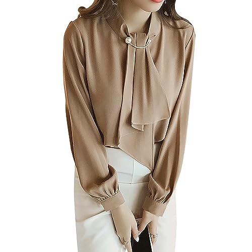【送料無料】[xppe] 長袖シャツ ブラウス レディース Vネック トップス 無地 リボン付き爽やか オフィス ファッション 着痩せ カジュアル シフォン ゆったり おしゃれ 通勤 体型カバー パフスリーブ ボウタイ エレガント 春夏