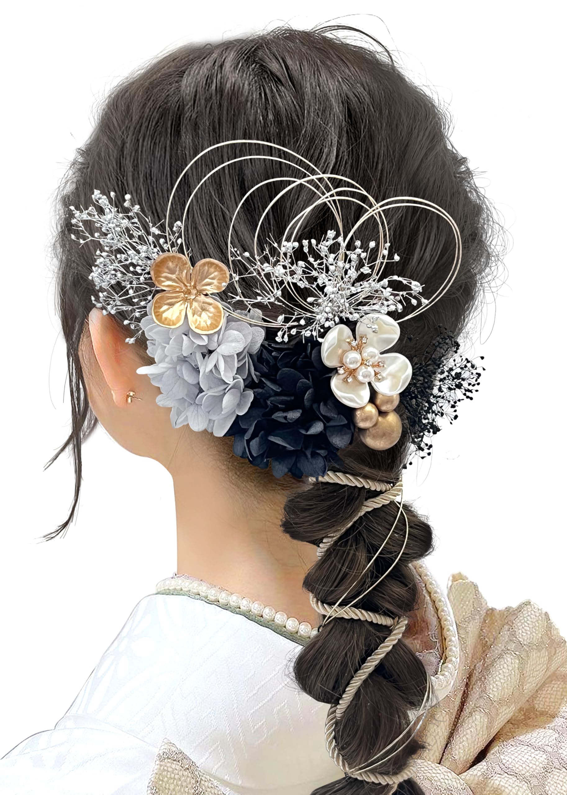 【送料無料】[JZOON] 髪飾り 人気 髪飾り セット ヘアアクセサリー ヘアーアレンジ 花 ドライフラワー 水引 振袖 和服 和装 着物 袴 浴衣 成人式 結婚式 卒業式 七五三 お祭り ポニーテール 色：灰/黒