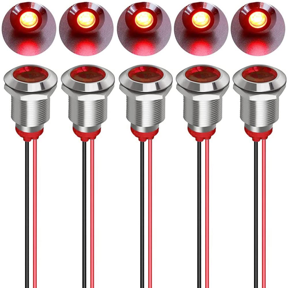【送料無料】Kiligen 5個 12mm AC/DC 12-24V LEDメタルインジケーターライト防水信号ランプパイロットダッシュワイヤー付き指向性（赤）