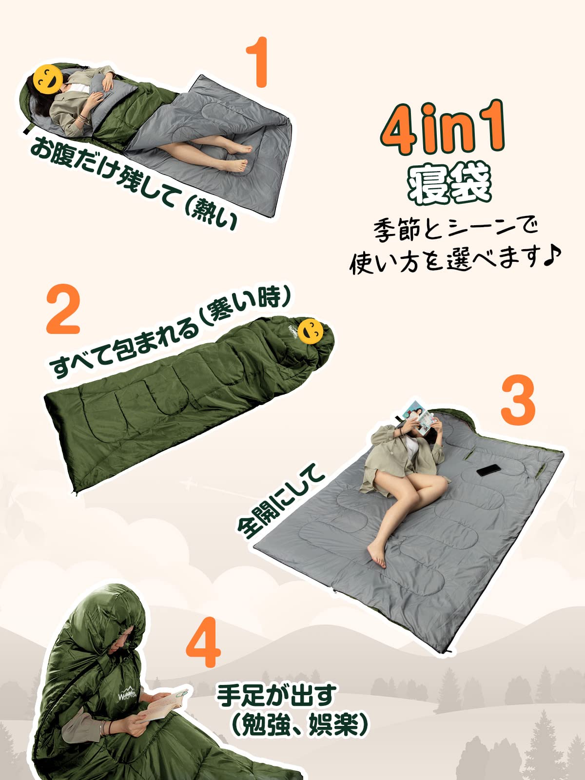 【送料無料】寝袋 冬用【手足伸ばし可能・230T防水】4in1多機能 1.4Kg 1.1Kg 1.8Kg 2.2Kg 寝袋 オールシーズン 夏用シュラフ 封筒型 コンパクト 軽量 中綿 快適温度-5度-20度 保温 wolfyok outdoors 丸洗い可能 収納パック付き キャンプ アウトドア コンパクト 登山 車中 sakulife-10145329 サクライフマーケット サンプル画像2