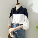 シャツ レディース トップス ブラウス シフォンシャツ シフォン 長袖 衿 襟 レギュラーカラー ゆったり 体型カバー 秋 配色 比翼仕立て オフィスカジュアル...