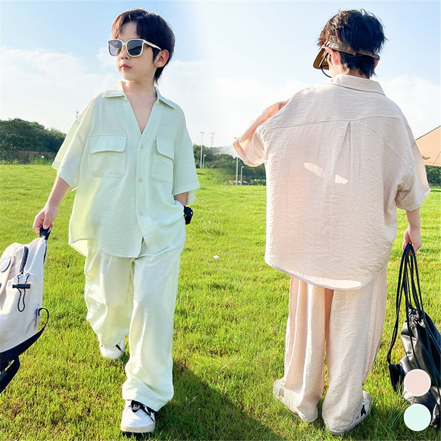 Rakuten - セットアップ キッズ 男の子 子供 上下セット 半袖 シャツ 羽織り スキッパー ロングパンツ 2点セット 子供服 ジュニア カジュアル 無地 夏 120 130 140 150 160 170